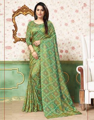 Green printed silk saree with blouse 1