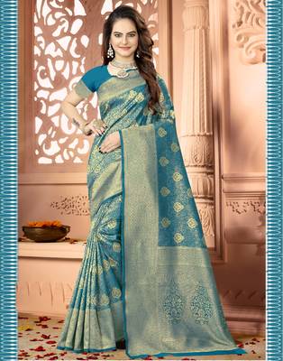 Blue woven silk saree with blouse 1