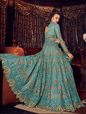 Sky-blue embroidered net anarkali suit  2