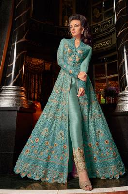 Sky-blue embroidered net anarkali suit  3