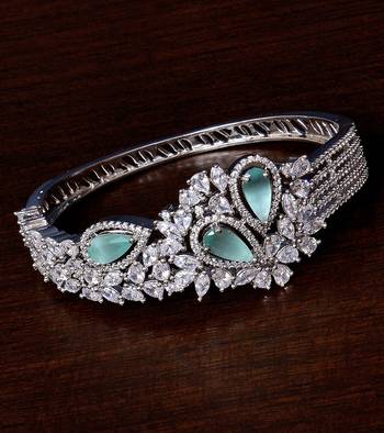 Rhodium Plated Sea Green Stone and American Diamond (AAA CZ Stone) Embellished Designer Bracelet 1