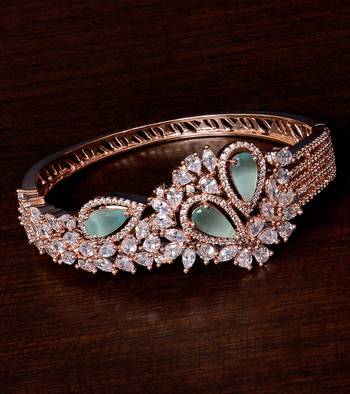 Rose Gold Plated Sea Green Stone and American Diamond (AAA CZ Stone) Embellished Designer Bracelet 1