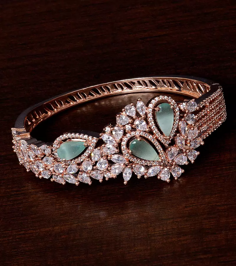 Rose Gold Plated Sea Green Stone and American Diamond (AAA CZ Stone) Embellished Designer Bracelet