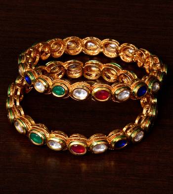 Kundan and Multi-colored Stone Embellished Pair of Designer Bangles BD334 1