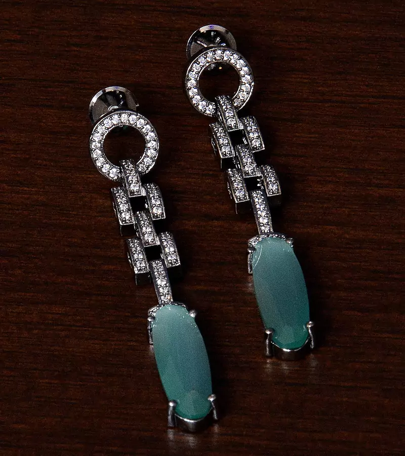 Black Gold Plated Sea Green Stone and American Diamond Embellished Designer Danglers 216ED231