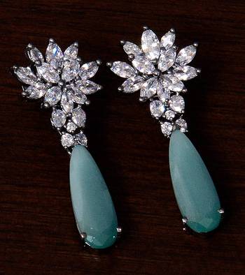 Black Gold Plated Sea Green Stone and American Diamond Embellished Designer Danglers 216ED232 1