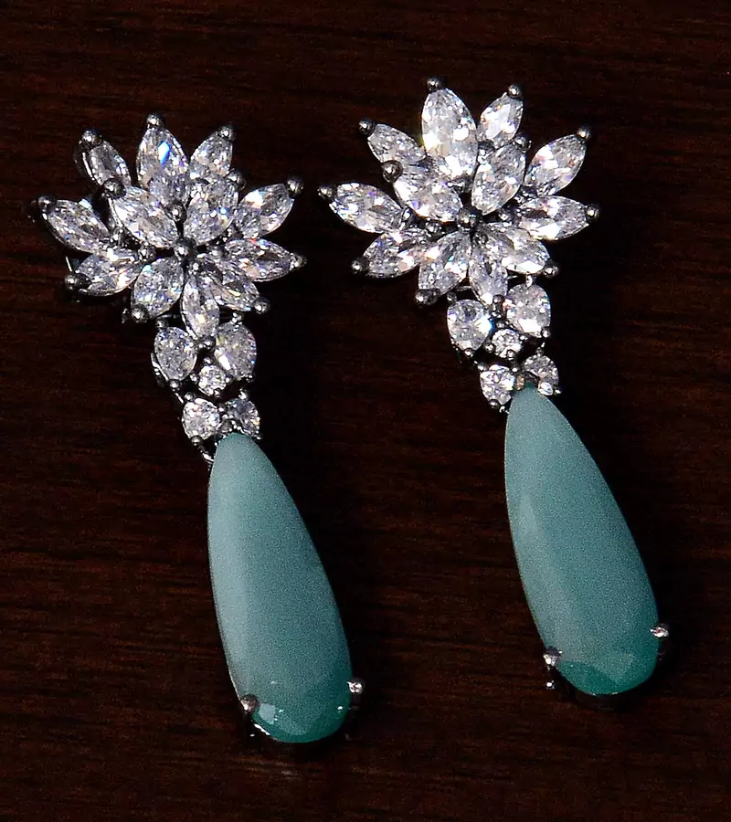 Black Gold Plated Sea Green Stone and American Diamond Embellished Designer Danglers 216ED232
