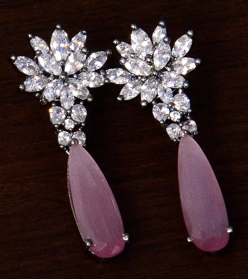 Black Gold Plated Baby Pink Stone and American Diamond Embellished Designer Danglers 216ED233