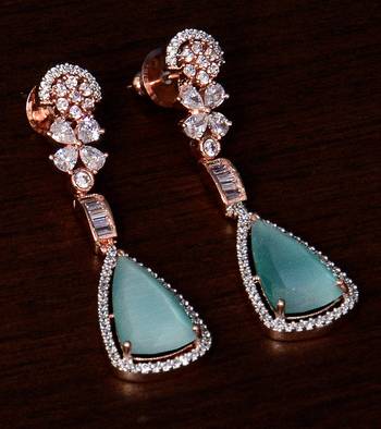 Rose Gold Plated Sea Green Stone and American Diamond Embellished Designer Danglers 216ED234 1