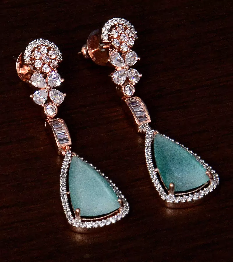 Rose Gold Plated Sea Green Stone and American Diamond Embellished Designer Danglers 216ED234