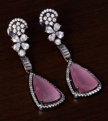 Black Gold Plated Baby Pink Stone and American Diamond Embellished Designer Danglers 216ED236 1