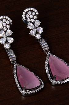 Black Gold Plated Baby Pink Stone and American Diamond Embellished Designer Danglers 216ED236