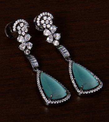 Black Gold Plated Sea Green Stone and American Diamond Embellished Designer Danglers 216ED237 1