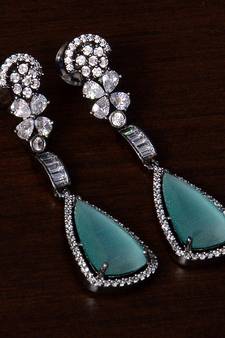 Black Gold Plated Sea Green Stone and American Diamond Embellished Designer Danglers 216ED237