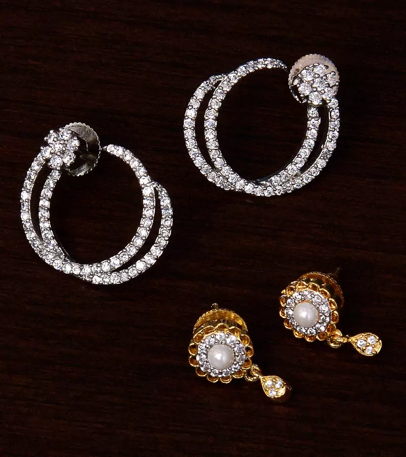 One Rhodium and One Gold Plated American Diamond Embellished Earrings 216ED240