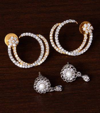 One Rhodium and One Gold Plated American Diamond Embellished Earrings 216ED244 1