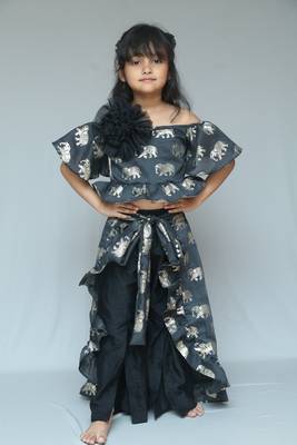 Elephant print Black Crop peplum top with Slit Pant and detachable frill wrap on waist  1