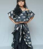 Elephant print Black Crop peplum top with Slit Pant and detachable frill wrap on waist 