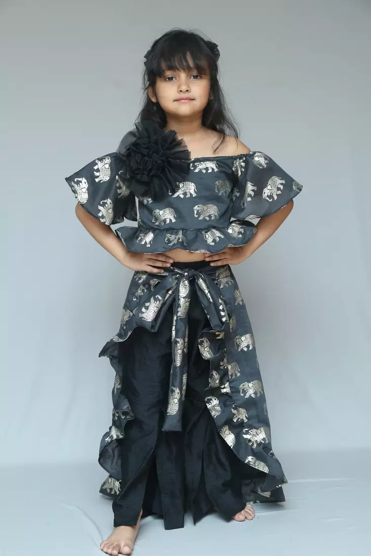 Elephant print Black Crop peplum top with Slit Pant and detachable frill wrap on waist 