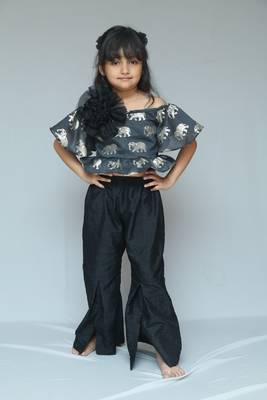 Elephant print Black Crop peplum top with Slit Pant and detachable frill wrap on waist  2