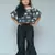 Elephant print Black Crop peplum top with Slit Pant and detachable frill wrap on waist 