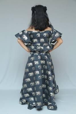 Elephant print Black Crop peplum top with Slit Pant and detachable frill wrap on waist  3