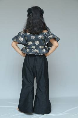 Elephant print Black Crop peplum top with Slit Pant and detachable frill wrap on waist  4
