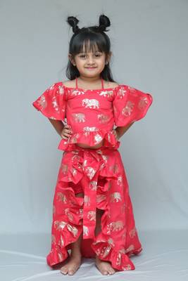 Elephant print Red Crop peplum top with Slit Pant and detachable frill wrap on waist 1
