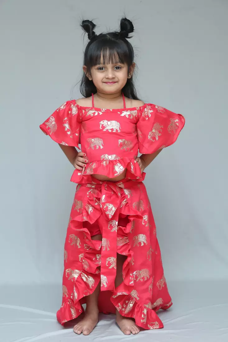 Elephant print Red Crop peplum top with Slit Pant and detachable frill wrap on waist