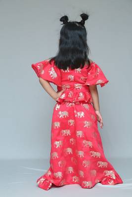 Elephant print Red Crop peplum top with Slit Pant and detachable frill wrap on waist 2