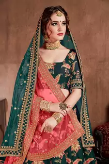 dark green fine embroidered lehenga set choli with dupatta for women