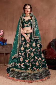 dark green fine embroidered lehenga set choli with dupatta for women