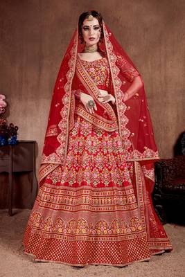 Desiring Carmine Red Colored Fine Embroidered Designer Semi Stitched Lehenga Choli For Bride 1