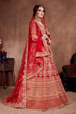 Desiring Carmine Red Colored Fine Embroidered Designer Semi Stitched Lehenga Choli For Bride 3
