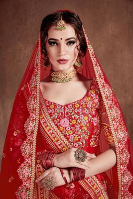 Desiring Carmine Red Colored Fine Embroidered Designer Semi Stitched Lehenga Choli For Bride 4