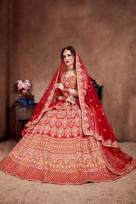 Desiring Carmine Red Colored Fine Embroidered Designer Semi Stitched Lehenga Choli For Bride 5