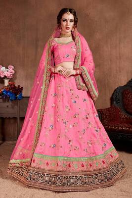 Stunning Baby-Pink Colored Embroidered Designer Semi Stitched Lehenga Choli For Women 1