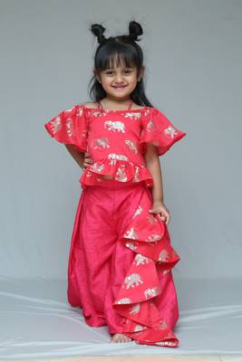 Elephant print Red Crop peplum top with palazzo and attached frill wrap on waist 1