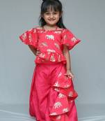 Elephant print Red Crop peplum top with palazzo and attached frill wrap on waist