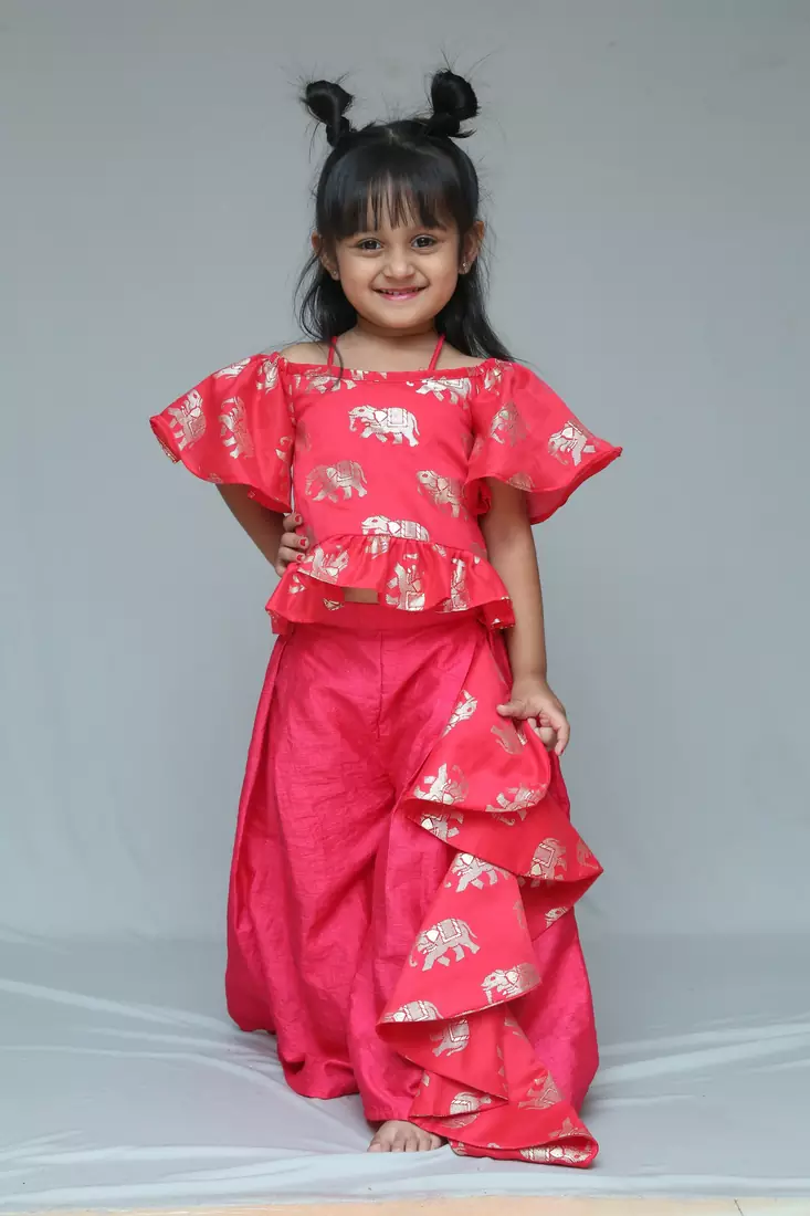 Elephant print Red Crop peplum top with palazzo and attached frill wrap on waist