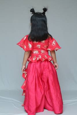 Elephant print Red Crop peplum top with palazzo and attached frill wrap on waist 2
