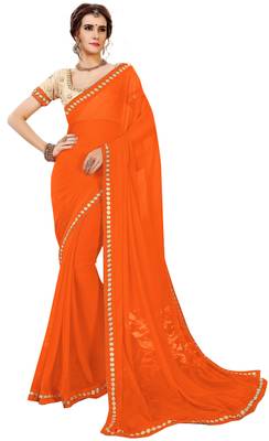 Orange plain georgette saree with blouse 1