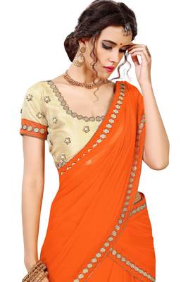 Orange plain georgette saree with blouse 2