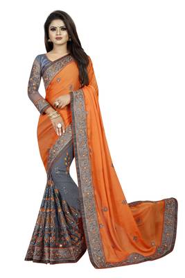 orange embroidered net saree with blouse 1