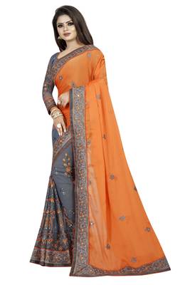 orange embroidered net saree with blouse 2