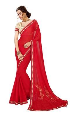 red plain georgette saree with blouse 1