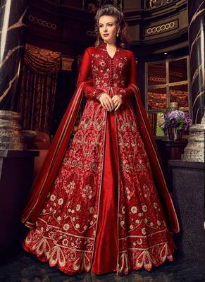 Ruby red  embroidered net anarkali suit 1