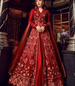 Ruby red  embroidered net anarkali suit