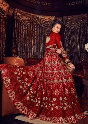 Ruby red  embroidered net anarkali suit 2