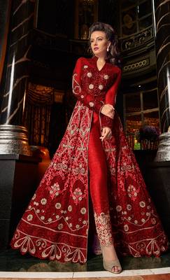 Ruby red  embroidered net anarkali suit 3